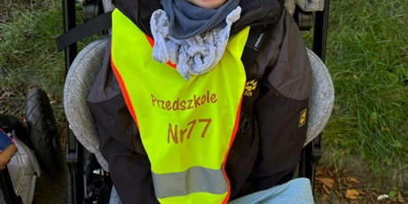 Powiększ grafikę: Uśmiechnięty chłopiec siedzi w wózku podczas spaceru, na kolanach leżą zebrane kasztany