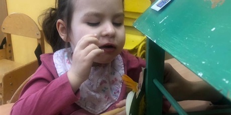 Powiększ grafikę: Dziewczynka siedzi przy stoliku. Patrzy na papierowego ptaszka, który jest przy zielonym karmniku stojącym na stoliku